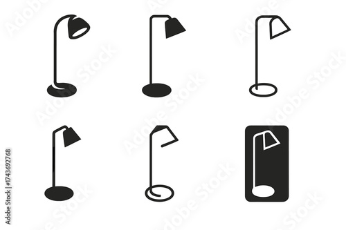 Sleek Lamp Logos. Floor lamp base. Set Logo of modern lamp: sleek floor lamp with circular base. harmonious logo variations of the same emblematic concept,