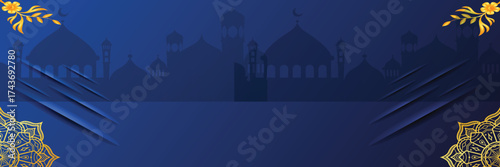 Elegant Blue Islamic Background with Mosque Silhouette and Golden Decoration | Vector EPS