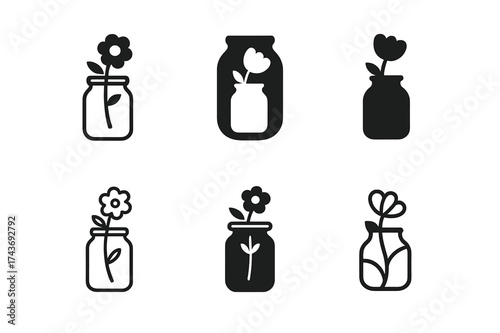 Mason Jar Logo Variations. Home decor on a budget. Set Logo of Home decor on a budget: Mason jar vase. harmonious logo variations of the same emblematic