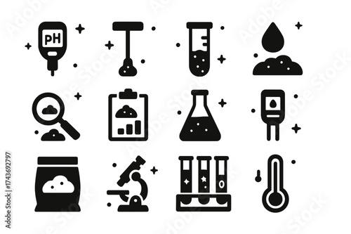 Home Soil Testing Icons. Home soil testing. Solid icons set of pH meter, soil probe, test tube with soil, droplet test, magnifying glass on soil, clipboard