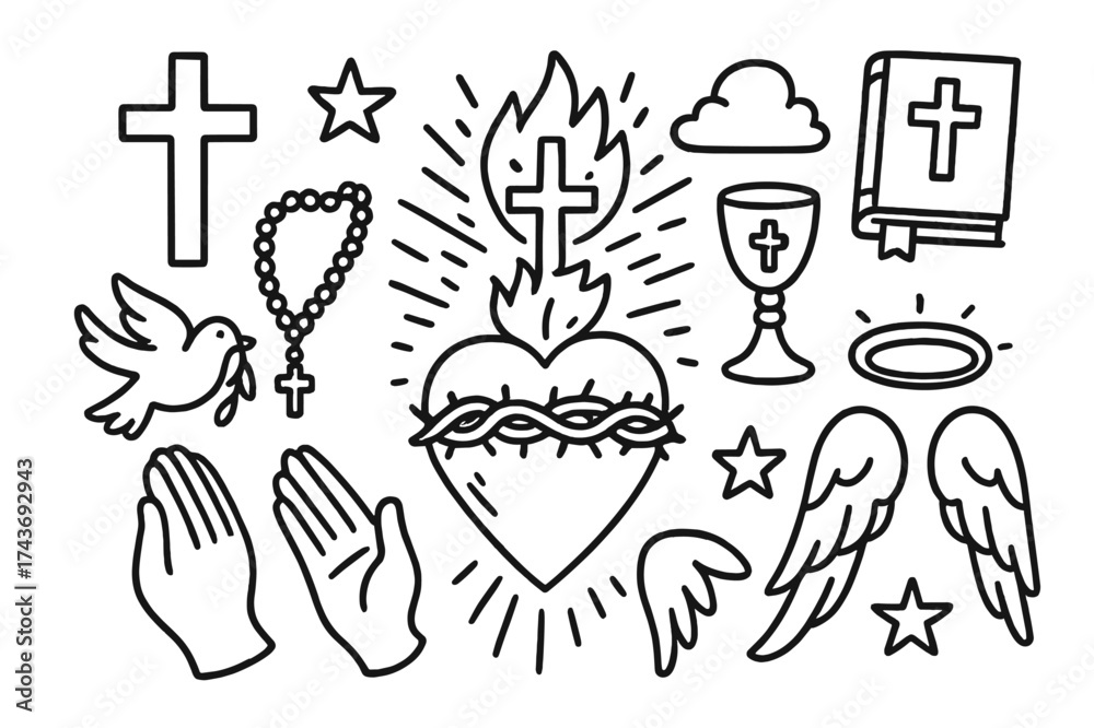 Fototapeta premium Sacred Heart Symbols. Sacred heart. Hand-drawn doodle illustration sacred heart heart, cross, crown of thorns, flames, rays of light, rosary, dove, star,