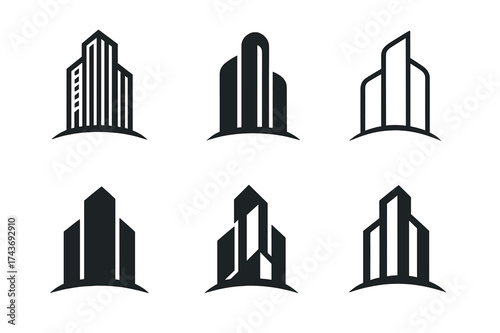 Skyscraper Logo Variations. Infrastructure development in emerging markets. Set Logo of skyscraper: rising tall buildings representing growth. harmonious logo