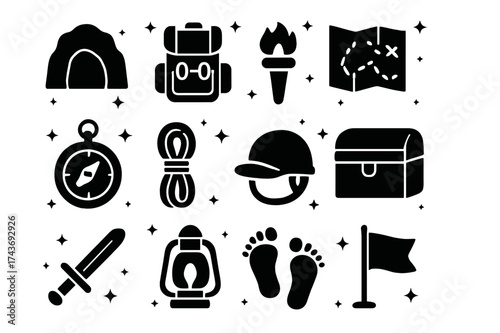 Adventure Icon Grid. Adventure. Solid icons set of Adventure: cave entrance, backpack, torch, map, compass, rope, helmet, treasure chest, sword, lantern,