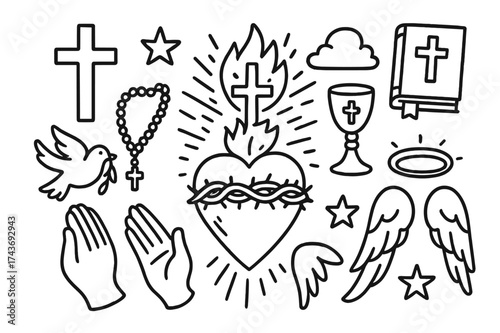 Sacred Heart Symbols. Sacred heart. Hand-drawn doodle illustration sacred heart heart, cross, crown of thorns, flames, rays of light, rosary, dove, star,