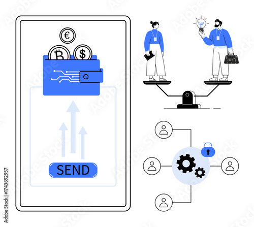 Wallet with multiple currencies on a smartphone screen, business figures on scales showing balance, network with gears and lock. Ideal for fintech, equality, money transfer, teamwork, automation