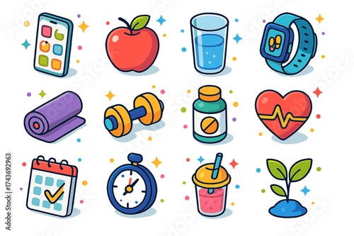 Healthy Lifestyle Icons. Healthy Lifestyle Apps. Colorful isometric vector icons set of healthy lifestyle apps: smartphone, apple, water glass, step tracker,