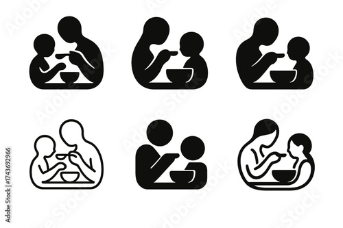 Family Meal Logos. Peaceful feeding moment. Set Logo of Family: parent and child meal icon. harmonious logo variations of the same emblematic concept, each