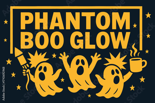 Phantom Boo Glow Banner. Phantom Boo Glow banner, flat vector illustration, bold oversized text inside rectangular frame, cartoon characters dancing and