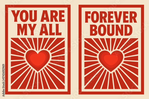 Glowing Heart Banners. Commitment. Two vertical A6 banners with safe margins, centered composition, no elements touching edges, bold style, red and beige,