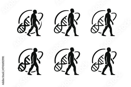 Space Colonization Logos. Genetic engineering for space colonization. Set Logo of human evolution: silhouette with DNA orbit. harmonious logo variations of the