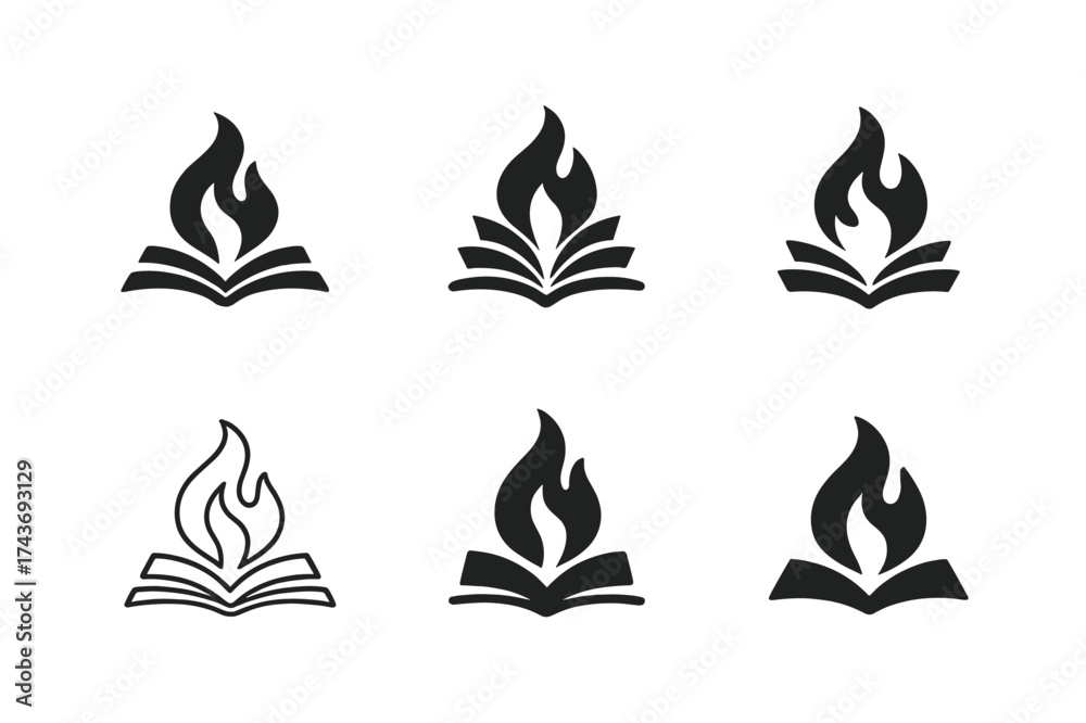 Obraz premium Storytelling Flame Logos. Literature and writing sections for creative minds. Set Logo of storytelling flame: book pages transforming into fire. harmonious