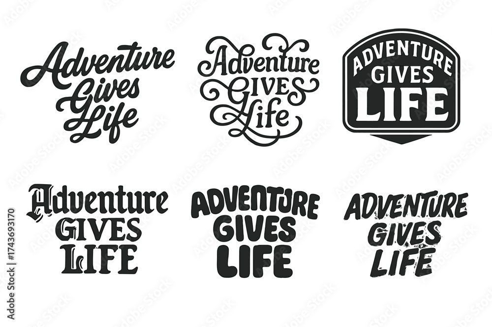 Fototapeta premium Diverse Lettering Styles. Adventure Gives Life. Set lettering. harmonious lettering variations of the same emblematic concept, each with different artistic