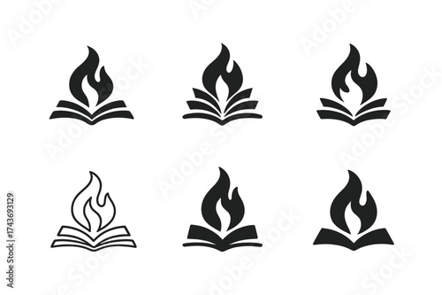 Storytelling Flame Logos. Literature and writing sections for creative minds. Set Logo of storytelling flame: book pages transforming into fire. harmonious