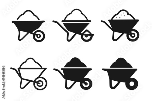 Stylized Cement Logos. Wheelbarrow with cement. Set Logo of heavy load: stylized cement mound exaggerated above barrow. harmonious logo variations of the same