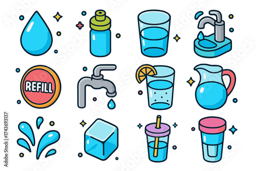 Colorful Hydration Icons. Hydration. Colorful isometric vector icons set of hydration: water droplet, sports bottle, glass of water, drinking fountain, refill