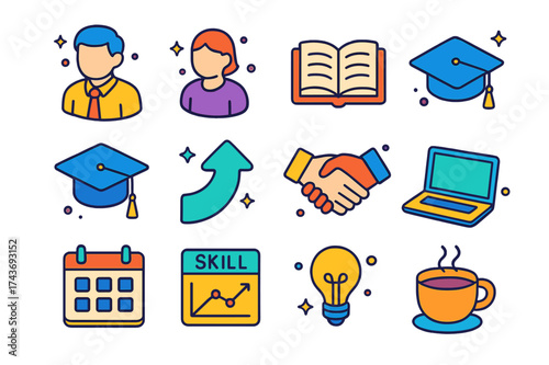 Mentorship Icon Set. Mentorship. Colorful isometric vector icons set of Mentorship: mentor figure, mentee, discussion table, open book, graduation cap, guiding