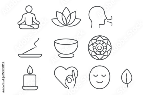 Mindfulness Icon Set. Mindfulness. Line icon set of Mindfulness: meditation pose, lotus flower, breathing symbol, incense stick, singing bowl, mandala circle,