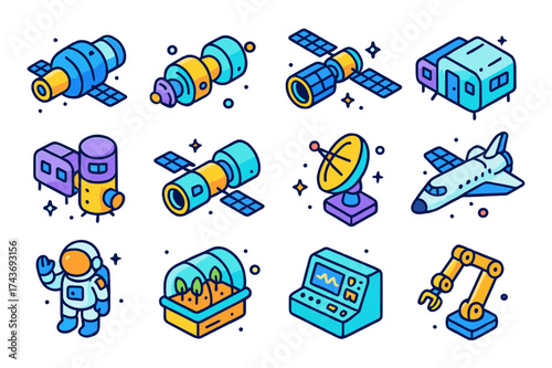 Isometric Space Icons. Space Stations. Colorful isometric vector icons set of Space Stations: orbital module, docking capsule, solar panels, research lab, crew