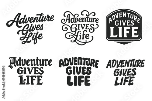 Diverse Lettering Styles. Adventure Gives Life. Set lettering. harmonious lettering variations of the same emblematic concept, each with different artistic