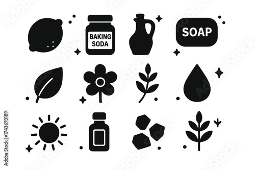Natural Icons Collection. Natural ingredients. Solid icons set of Natural ingredients: lemon, baking soda jar, vinegar bottle, soap bar, leaf, flower, herb