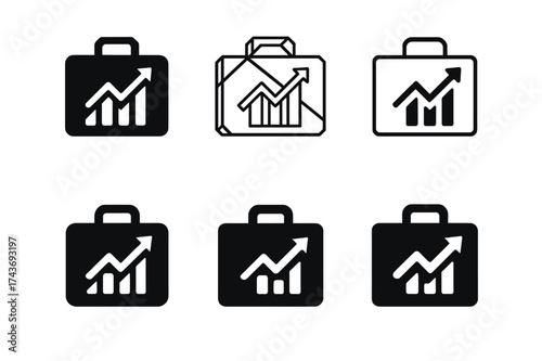 Upskilling Logos Grid. Workforce upskilling via mobile apps. Set Logo of Workforce upskilling via mobile apps: Corporate briefcase with upward graph.