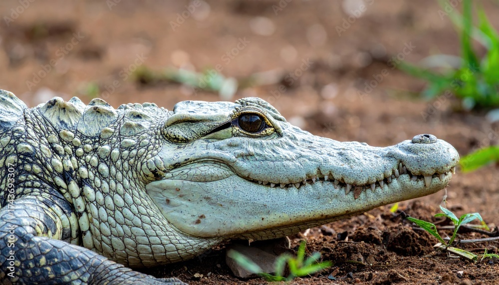 Fototapeta premium Intense gaze of a powerful crocodile showing sharp teeth and scaly skin in natural habitat, a wild predator ready to strike