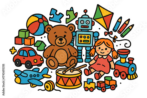 Colorful Toy Collection. Toy Heap. Colorful Hand-drawn doodle Children illustration toy heap teddy bear, toy car, ball, building blocks, robot, doll, kite,