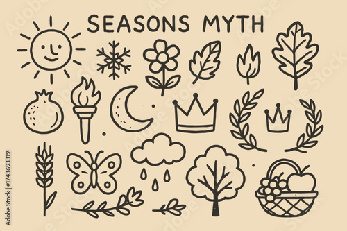 Seasons Symbol Doodles. Seasons Myth. Hand-drawn doodle illustration Seasons Myth sun, snowflake, flower, leaf, pomegranate, torch, moon, crown, laurel wreath,