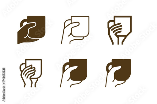 Ceramic Mug Logo Variations. Creating custom ceramic mugs and cups. Set Logo of hand holding mug: warm personal touch with cup in hand. harmonious logo