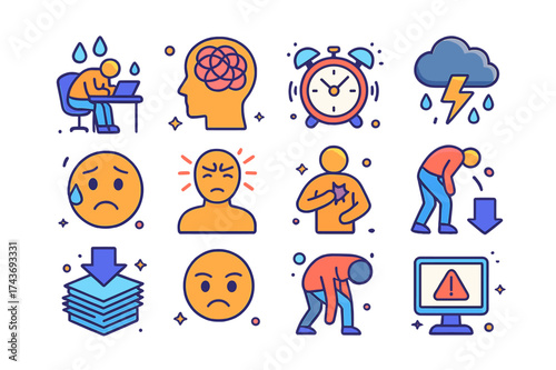 Stress Icon Set. Stress. Colorful isometric vector icons set of Stress: overworked person, tangled thoughts, alarm clock ringing, storm cloud, sweat drops,
