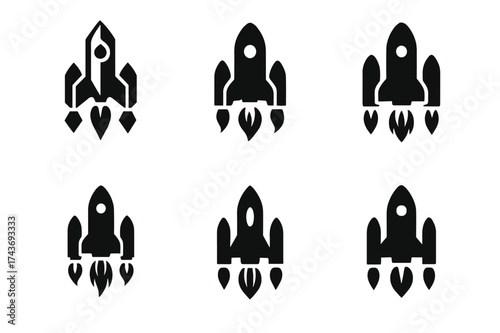 Dual Boosters Emblem Variations. Rocket launches. Set Logo of double boosters: rocket with two side boosters firing. harmonious logo variations of the same