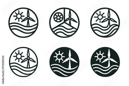 Renewable Energy Emblems. Renewable energy technologies and sustainability. Set Logo of energy circle: circular emblem combining solar, wind, and hydro icons.