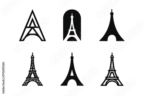 Cultural Landmark Logos. Travel destinations. Set Logo of cultural landmark: stylized Eiffel Tower or pagoda. harmonious logo variations of the same emblematic