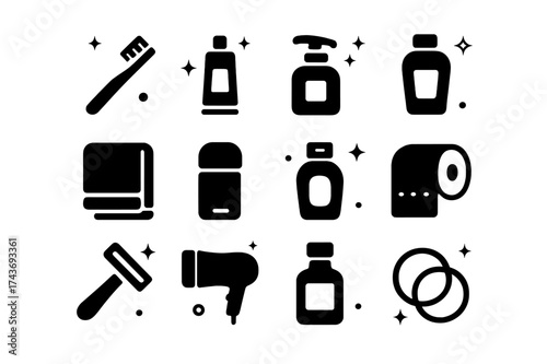Personal Care Icons. Personal Care Hygiene. Solid icons set of Personal Care Hygiene: toothbrush, toothpaste, soap dispenser, body wash, towel, deodorant,