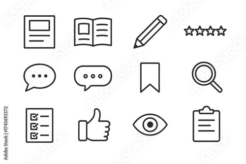 Magazine Critique Icons. Magazine critique. Line icon set of Magazine critique: magazine cover, open page, pencil, star rating, speech bubble, comment bubble,