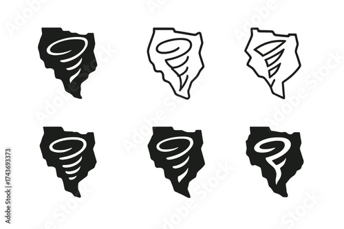 Tornado Preparedness Logos. Tornado-prone regions and disaster preparedness. Set Logo of storm path: winding tornado trajectory over map outline. harmonious