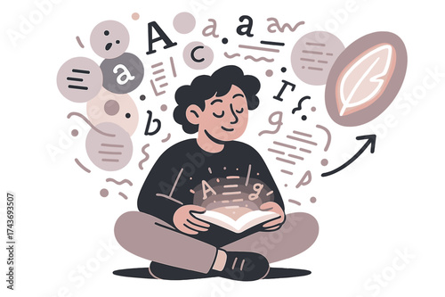 Creative Poetry Vibes. Student poet. Young person sitting cross-legged with glowing book on their lap, abstract shapes of letters and verses rising like