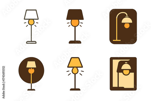 Cozy Lamp Logos. Creating a cozy atmosphere with floor lamps. Set Logo of Creating a cozy atmosphere with floor lamps: Warm-glow bulb in floor lamp. harmonious
