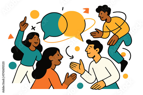 Collaborative Idea Exchange. Sharing ideas. Glowing speech bubbles and abstract floating light connecting multiple people, geometric shapes orbiting around to