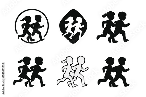 Running Kids Logos. Children playing sports or engaging in physical activities. Set Logo of running kids: silhouettes of children sprinting. harmonious logo