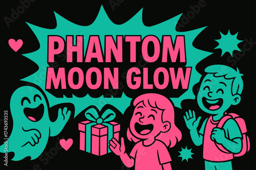 Phantom Moon Glow. Phantom Moon Glow banner, flat vector illustration, bold oversized text inside comic burst, cartoon characters laughing and waving, holding