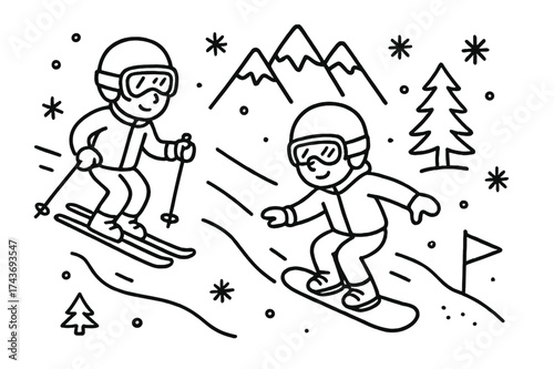 Skiing Doodle Art. Skiing or Snowboarding Down a Snowy Mountain Slope. Hand-drawn doodle illustration skiing or snowboarding down a snowy mountain slope