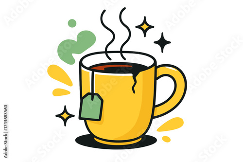 Cozy Chipped Tea Mug. Tea in chipped cup. A glowing chipped mug with tea bag string hanging out, abstract floating steam lines and sparkles symbolizing