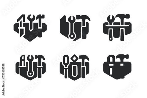 Tools Belt Logo Variations. Deck builders constructing wooden decks. Set Logo of toolbelt: collection of tools arranged inside belt silhouette. harmonious logo