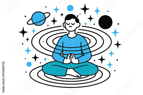 Meditative Cosmic Harmony. Cosmic awareness. A figure sitting in meditation surrounded by orbiting planets and stars. Abstract energy rings expand outward