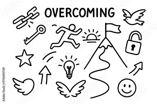 Overcoming Obstacles Icons. Overcoming. Hand-drawn doodle illustration Overcoming broken chain, key, sunrise, mountain peak, flag, open lock, person jumping,