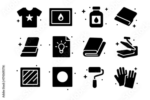 Screen Printing Icons. Screen Printing. Solid icons set of Screen Printing: T-Shirt, Screen, Ink, Squeegee, Design, Fabric, Frame, Stencil, Heat Press,
