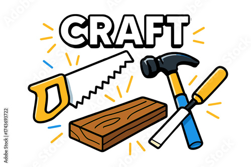 Crafting Tools Magic. Woodworking tools. A glowing saw, hammer, and chisel float around a wooden plank, abstract sparks radiating from the edges. Word ?Craft?