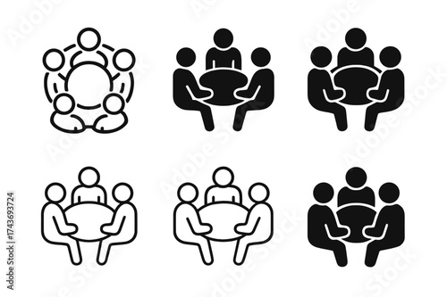 Innovative Logo Concepts. Team brainstorming innovative ideas. Set Logo of round table: people seated in circle discussing. harmonious logo variations of the