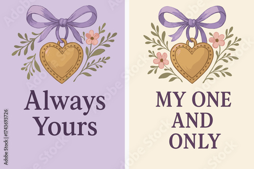 Pastel Banners with Lockets. Always Yours. Two vertical A6 banners, pastel, lavender and cream backgrounds, locket and ribbon with floral accents, first banner